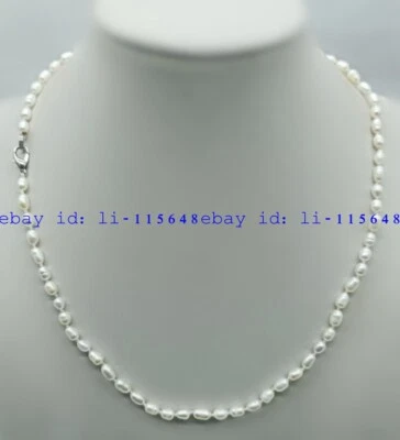 Elegant Women White4-5mm Freshwater Cultured Rice Pearl Dainty Necklace Gift 18" - Image 1 of 3