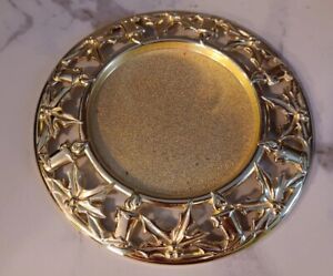 Gold Plated Decorative Holiday Collector Plate Tray Candle Holly Berry Mistletoe