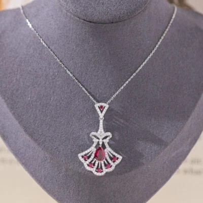 Pear Cut Lab-created Red Ruby Zircon Pendant Necklace Chain 925 Sterling Silver - Image 1 of 4