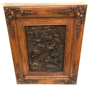 Antique Black Forest Carved Panel of Deer Hunting Scene in Frame Carved Picture - Picture 1 of 12