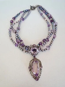 Gemischte Schattierungen von lila Amethyst & Süßwasserperlen 3 Stränge ANHÄNGER HALSKETTE 925 - Bild 1 von 11