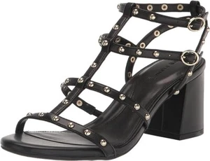NEW Anne Klein Rayne Block Heeled Studded Sandal Ankle Strap Leather Black 9 - Picture 1 of 7