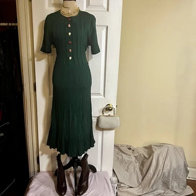 Vestido Midi De Colección Verde Bosque Plisado Corbata Cintura Rosetas Cottagecore Tejido M/L Foto 1 de 4