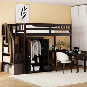Twin Loft Bed with Stairs, Bookshelf, Desk, Wardrobe - Espresso/Solid Wood - - Picture 1 of 6