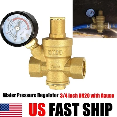DN20 3/4"Adjustable Water Pressure Reducing Regulator Valves with Gauge Brass US - Image 1 of 4