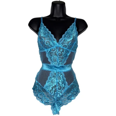 Body lencería de malla de encaje floral de hadas espalda abierta azul aguamarina Foto 1 de 4