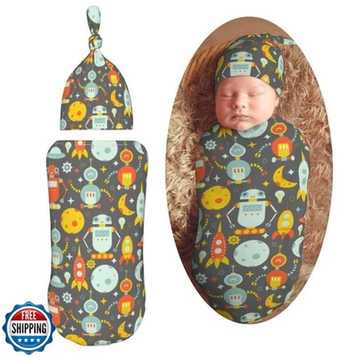 Muishi Robot and Moon Newborn Swaddle Blankets Hat Sets Soft Baby Receiving B - Image 1 of 4