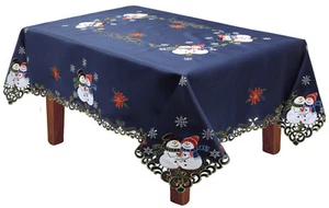 Holiday Christmas Snowman Snowflake Poinsettia Tablecloth With Napkins BLUE Gold - Picture 1 of 12
