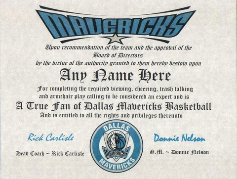 Dallas Mavericks ~ CERTIFICATE ~ DIPLOMA ~  MAN CAVE ~ Mavericks TRUE FAN~ NBA Cover