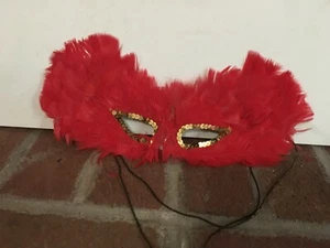 Vintage Red Feather Masquerade Mask with Gold Sequins - Picture 1 of 2