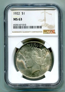 1922 PEACE SILVER DOLLAR NGC MS63 NICE ORIGINAL COIN FROM BOBS COINS FAST SHIP - Picture 1 of 4