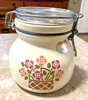 Vintage Hermetic Canister Jar Ceramic Glass Clamp Lid Treasure Craft Floral 1 Qt - Image 1 of 4