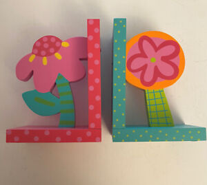 Colorful Kids Wood Bookends by Tatutina w/ Flower & Tree #BE53