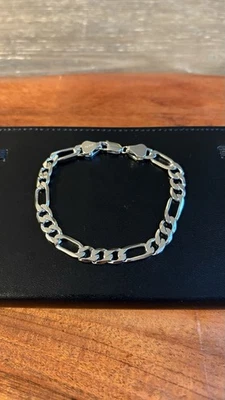 8in Bold 925 Sterling Silver Figaro Link Bracelet – 7mm – 13.5g – Rhodium Finish - Image 1 of 3