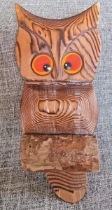 Vintage MCM Carved Cryptomeria Wood Owl on Branch w/ Felt Eyes Wall Hanging - Picture 1 of 6