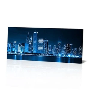 Modern Canvas Painting Chicago Skyline at Night Wall Art Cityscape Picture - Picture 1 of 7