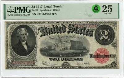 1917 $2 Legal Tender Small Red Scalloped  Fr#60 PMG VF25 GCC Green - Image 1 of 2