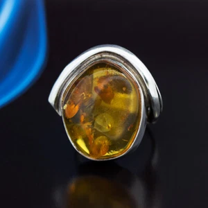Anillo de plata ámbar único hecho a mano tamaño 55 (17,5 mm Ø) anillo de mujer - Imagen 1 de 3