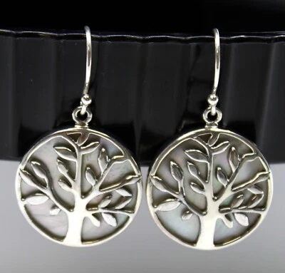 Висячие серьги-капли из чистого серебра ручной работы с перламутровым деревом жизни - Изображение 1 из 4