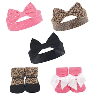 Hudson Baby Infant Girl Headband and Socks Set 5pk, Leopard, 0-9 Months - Picture 1 of 2