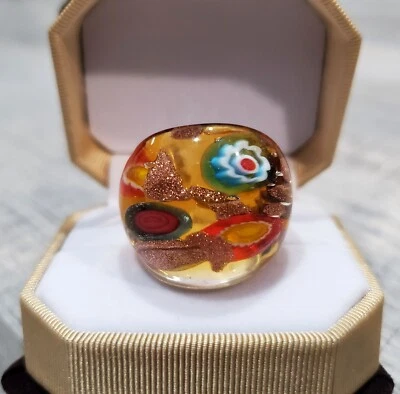 Anillo Boho Grueso Estilo Abstracto Flor Dorado Amarillo Vidrio Soplado a Mano Talla 9 Foto 1 de 4