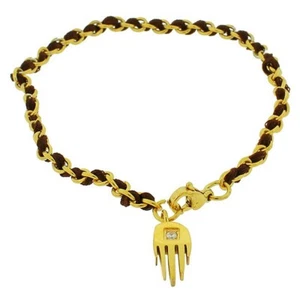 Stainless Steel Brown Strap White Crystal Gold Tone Evil Eye Hamsa Bracelet - Picture 1 of 2