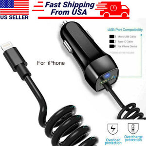 For iPhone X 11 12 13 14 Pro XS Max FAST CAR CHARGER EXTRA USB PORT COILED CABLE