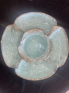 California Pottery Cal Style 298 Lazy Susan Chip Salsa Tray Teal w/Gold Trim-H - Picture 1 of 10