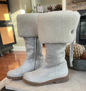 Jacadi Paris Girls Silver Iridescent Leather Sheepskin Wool Boots sz 32 US 1 - Picture 1 of 8