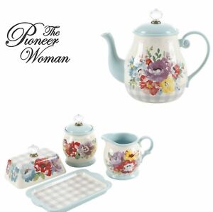 Pioneer Woman Sweet Romance Butter Dish Creamer Sugar Set & Tea Pot Ceramic New