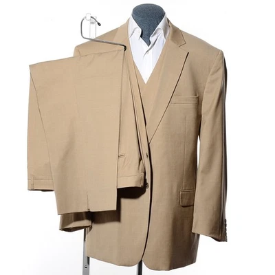 52L Long Joseph Abboud Beige Tan Stretch-Wool 3-Piece Suit 45x28 Trousers Vest - Image 1 of 4