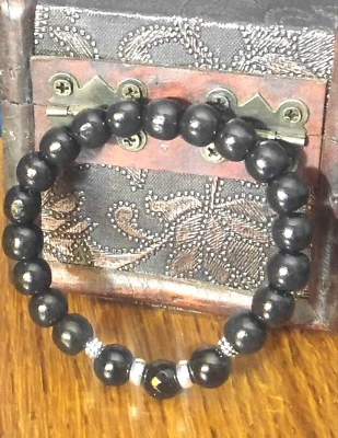 Men's Beaded Wood and Black Onyx Bracelet 10mm- 8" around US Seller - Image 1 of 3