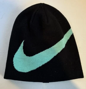 Nike Unisex NWOT Black Beanie W/Large Green Swoosh - Picture 1 of 3