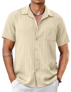 Men's Textured Summer Shirts Casual Button Down Shirt Short Sleeve Beach Shir... - Picture 1 of 6