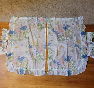 Vintage 1970s Sears Drape Curtains Matching Tie Backs Sheen Sheer Ruffle Floral - Picture 1 of 16
