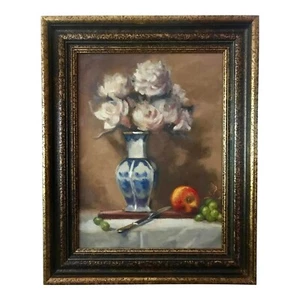 Vintage Still Life Oil Painting Chinese Blue and White Ming Vase - Picture 1 of 6