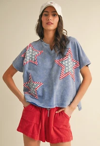 Anniewear Damen Mineral Washed Star Patch Kurzarm Top in Blau - Bild 1 von 5