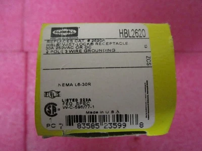 Hubbell HBL2620 Twist-Lock Receptacle 30A 250VAC 2 Pole 3 Wire  (New) - Image 1 of 4