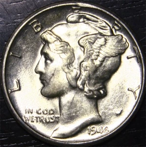 1944 D Mercury Dime 10c US Münze 90% Silber Denver Mint BU - Bild 1 von 2