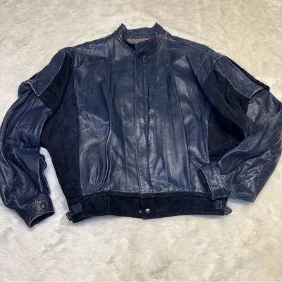 80s Vintage Vera Pelle navy leather bomber jacket - Image 1 of 4