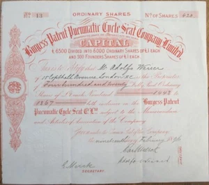 Certificado de stock de bicicleta 1896, patente Burgess asiento de bicicleta neumática Co., Ltd rojo - Imagen 1 de 1