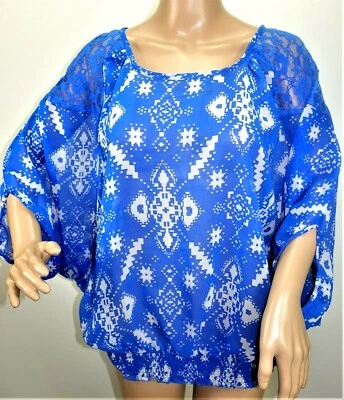 Aqua Blue Women Plus Size 1x 3x Blue White Sheer Chiffon Tunic Top Blouse Shirt - Image 1 of 4