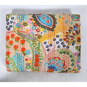 Indian Reversible Bohemian Kantha Blanket Beige Paisley Quilted Throw Coverlet - Picture 1 of 4