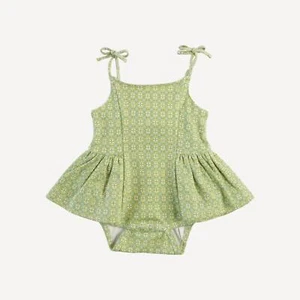 NWT Kate Quinn Green Olive Mosaic Spaghetti Tie Ballerina Bubble Romper 3-6m - Picture 1 of 3