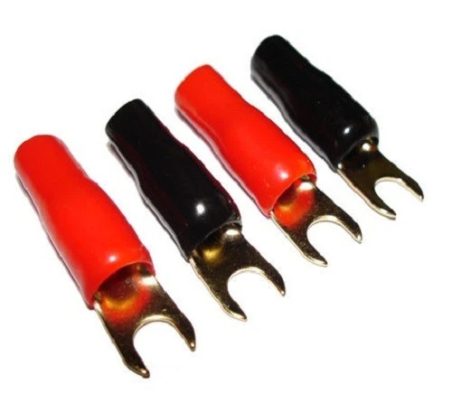 4 pcs PREMIUM 8 GAUGE GOLD-PLATED BARRIER SPADES TERMINALS GOLD CAR AMP INSTALL - Image 1 of 1