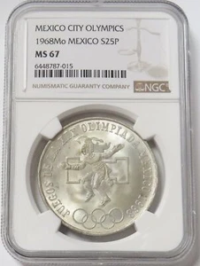 1968 MO SILVER MEXICO 25 PESO COIN MAYAN DANCER OLYMPIC COMMEMORATIVE NGC MS 67 - Picture 1 of 2