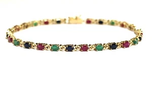 14k yellow gold multi gemstone tennis bracelet 6.7g 8" Emerald Sapphire ruby - Picture 1 of 14