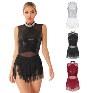 Damen Pailletten Fransen Latin Jazz Tanz Trikot Kleid rückenlos Ballsaal Kostüm - Bild 1 von 48