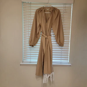 Banana Republic Puff Long Sleeve Tassel Belt Midi Dress Small Tan Slits NWOT NEW - Picture 1 of 9