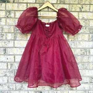 Altar'd State size S Sheer Burgundy red Dress Puff Sleeve babydoll mini Chelsea - Picture 1 of 6